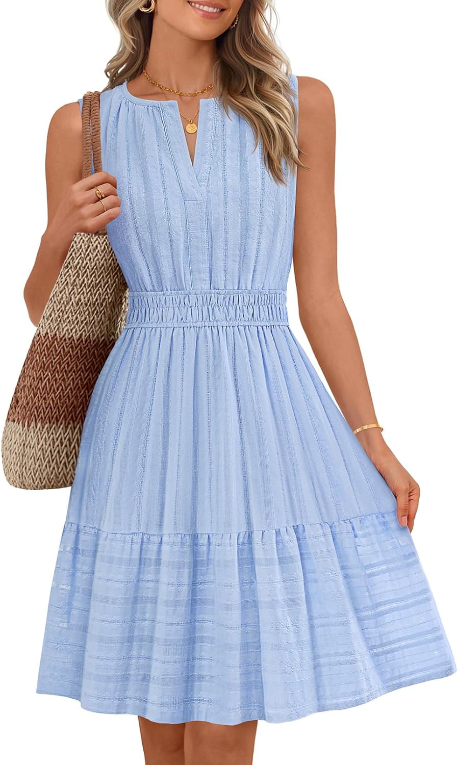 MEROKEETY Women's 2026 Summer Casual Mini Sundress Beach Vacation Sleeveless V Neck Flowy A Line Dress with Pockets