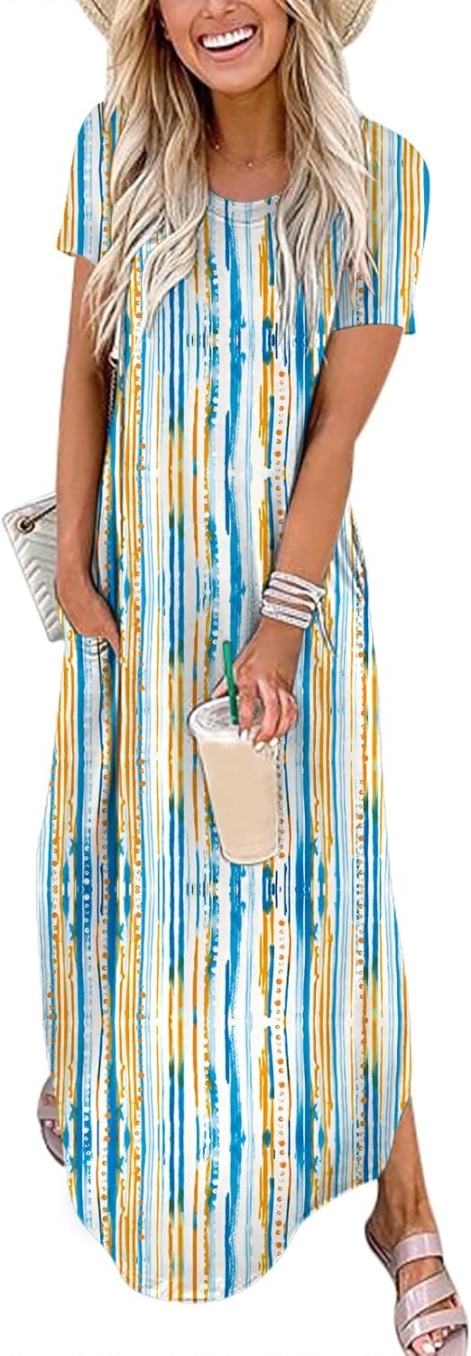 ANRABESS Womens Summer Maxi Dress Short Sleeve Casual Loose Long T Shirt Dresses Split Vacation Beach Sundress Travel Outfits