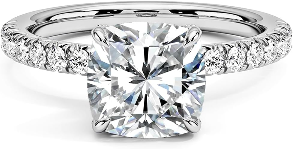 2ct Cushion Cut Moissanite Rings for Women, D Color VVS1 Clarity Lab Created Diamond Rings 14K White Yellow Gold Vermeil Moissanite Engagement Rings for Women Wife Jewelry Gifts