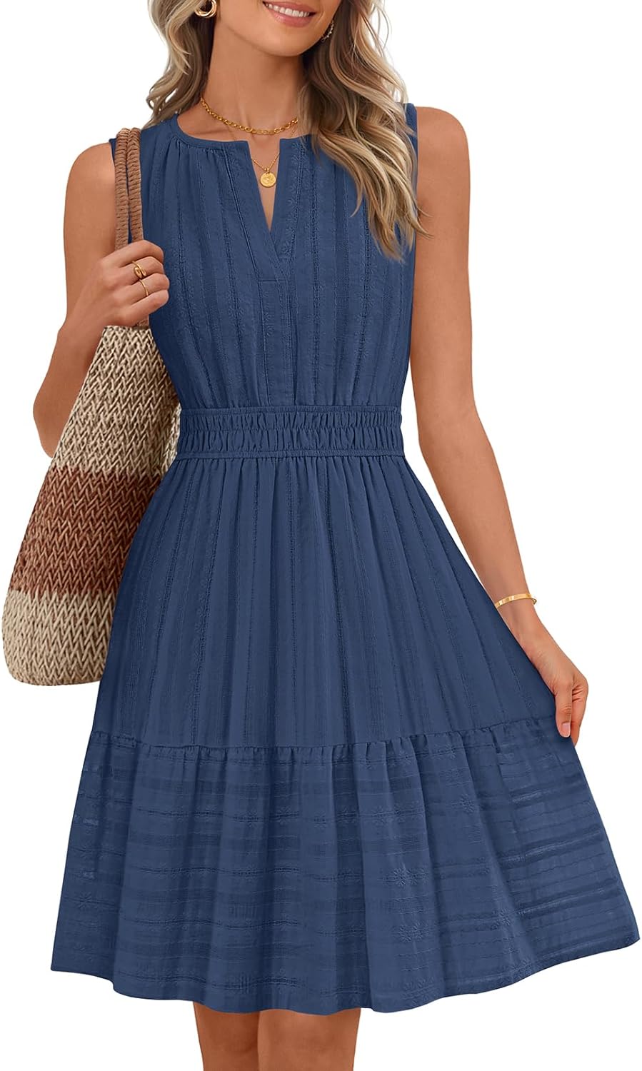 MEROKEETY Women's 2026 Summer Casual Mini Sundress Beach Vacation Sleeveless V Neck Flowy A Line Dress with Pockets