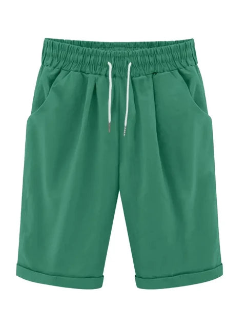 Plus Size High Rise Drawstring Shorts, Women's Plus SlightStretch Solid Casual Shorts With Pocket