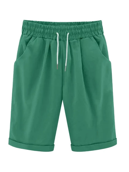 Plus Size High Rise Drawstring Shorts, Women's Plus SlightStretch Solid Casual Shorts With Pocket