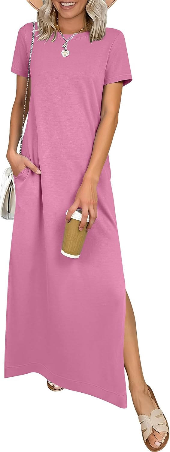 ANRABESS Womens Summer Casual Maxi Dress Short Sleeve Crewneck Split Wrinkle-Free Travel Long Sundress Beach Vacation Clothes