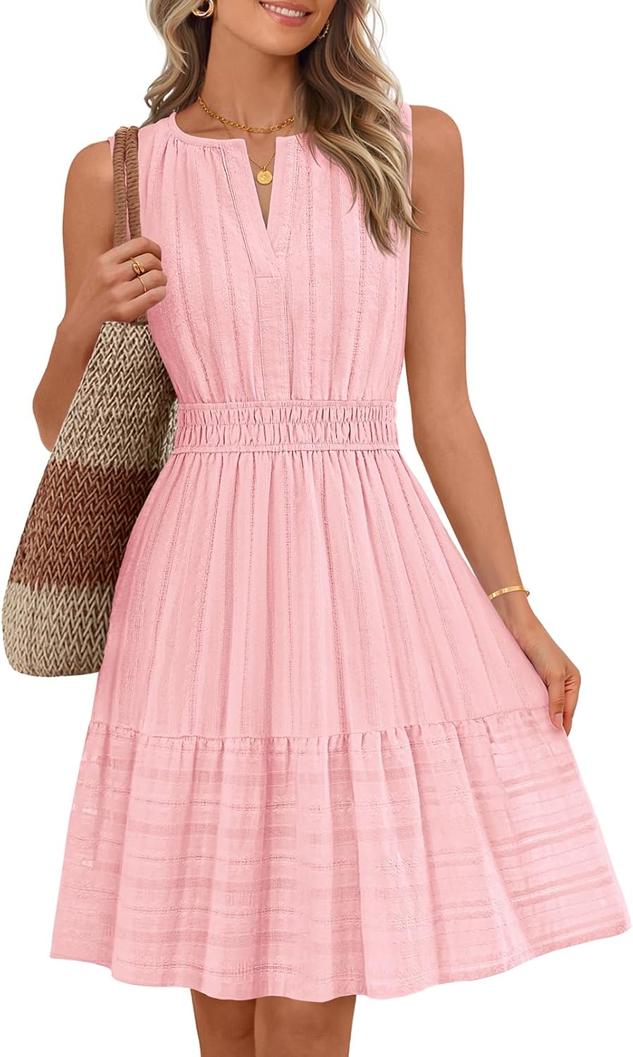 MEROKEETY Women's 2026 Summer Casual Mini Sundress Beach Vacation Sleeveless V Neck Flowy A Line Dress with Pockets