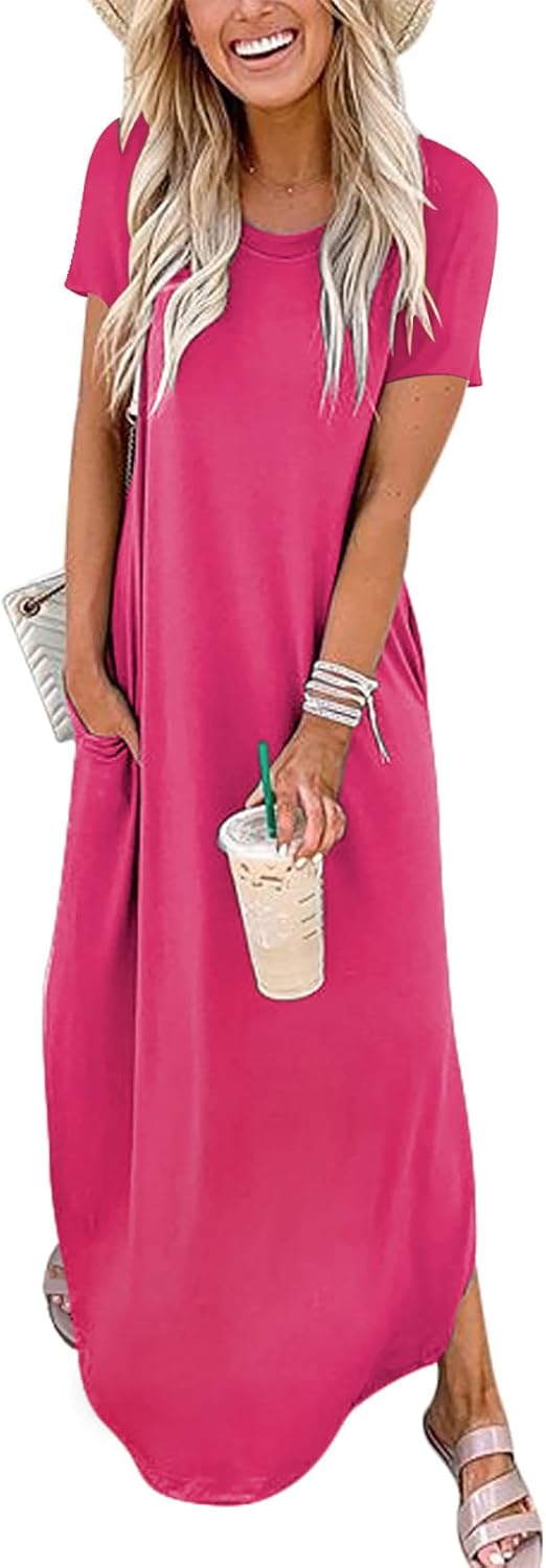ANRABESS Womens Summer Maxi Dress Short Sleeve Casual Loose Long T Shirt Dresses Split Vacation Beach Sundress Travel Outfits