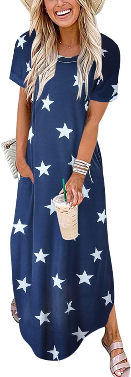 ANRABESS Womens Summer Maxi Dress Short Sleeve Casual Loose Long T Shirt Dresses Split Vacation Beach Sundress Travel Outfits