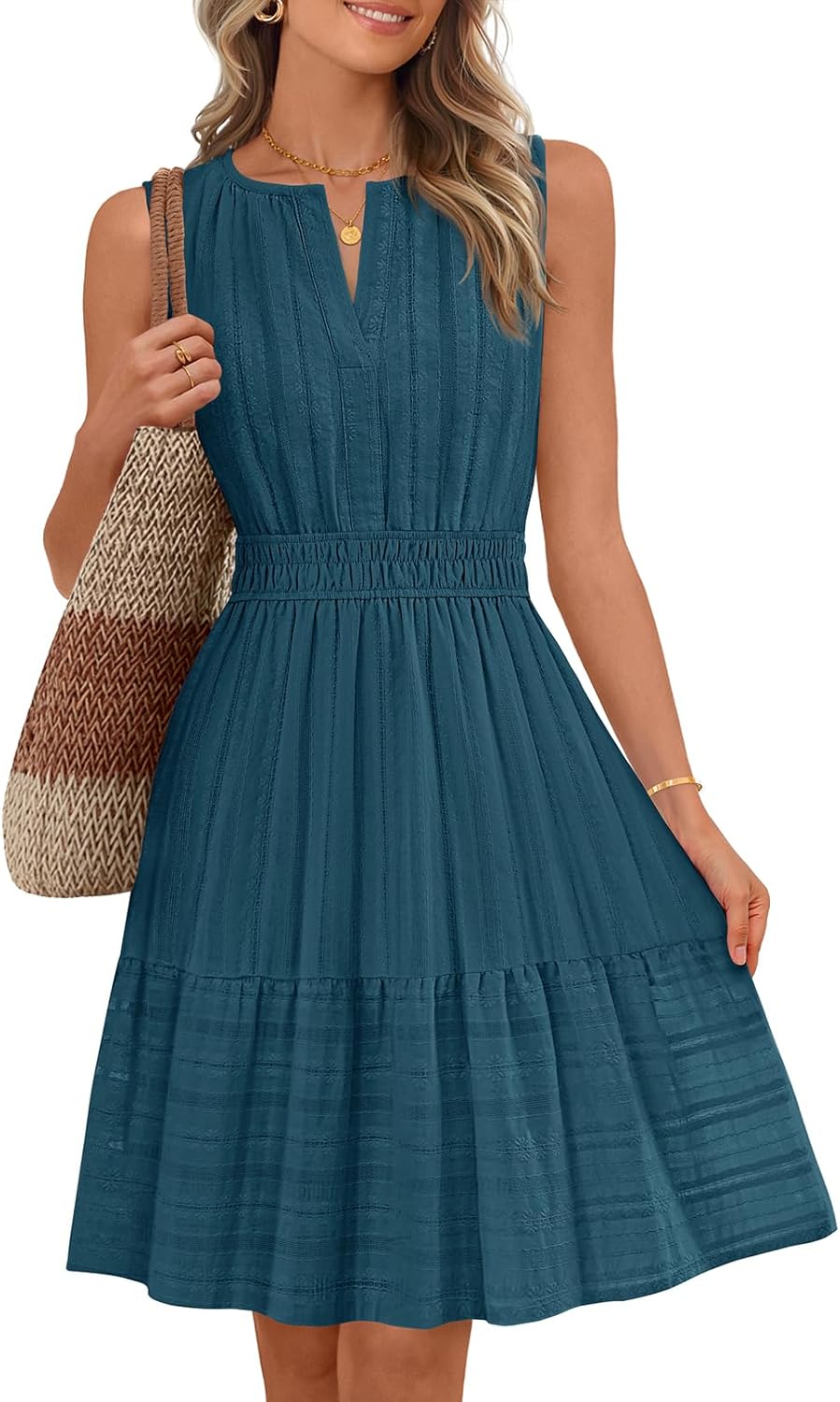 MEROKEETY Women's 2026 Summer Casual Mini Sundress Beach Vacation Sleeveless V Neck Flowy A Line Dress with Pockets