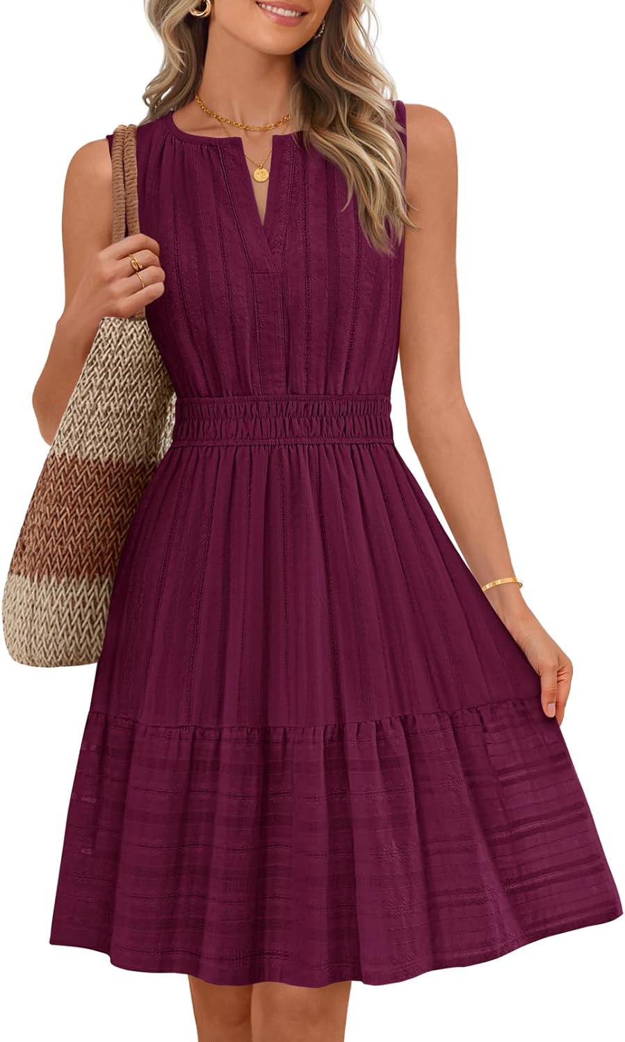 MEROKEETY Women's 2026 Summer Casual Mini Sundress Beach Vacation Sleeveless V Neck Flowy A Line Dress with Pockets