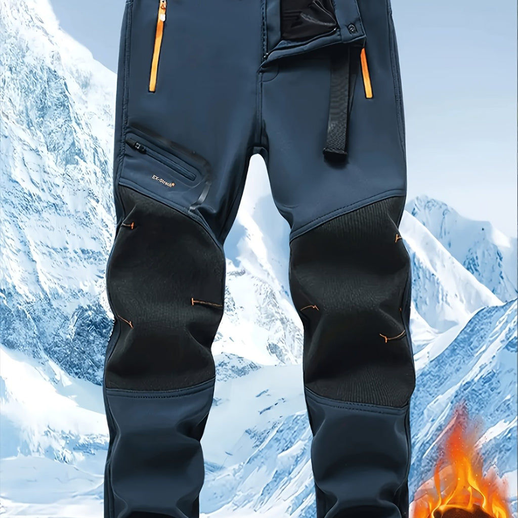 Men's Warm Cargo Pants with Zippered Pockets - Olive Green, Black, and Yellow Accents, Ideal for Winter Outdoor Activities and Casual Wear with Belt