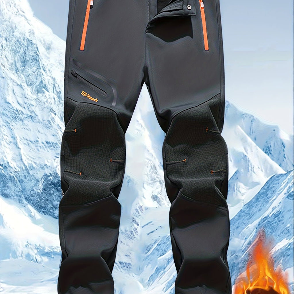 Men's Warm Cargo Pants with Zippered Pockets - Olive Green, Black, and Yellow Accents, Ideal for Winter Outdoor Activities and Casual Wear with Belt