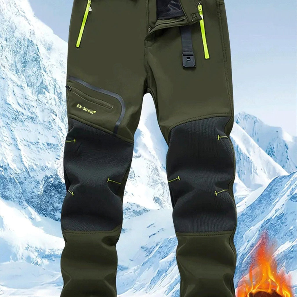 Men's Warm Cargo Pants with Zippered Pockets - Olive Green, Black, and Yellow Accents, Ideal for Winter Outdoor Activities and Casual Wear with Belt
