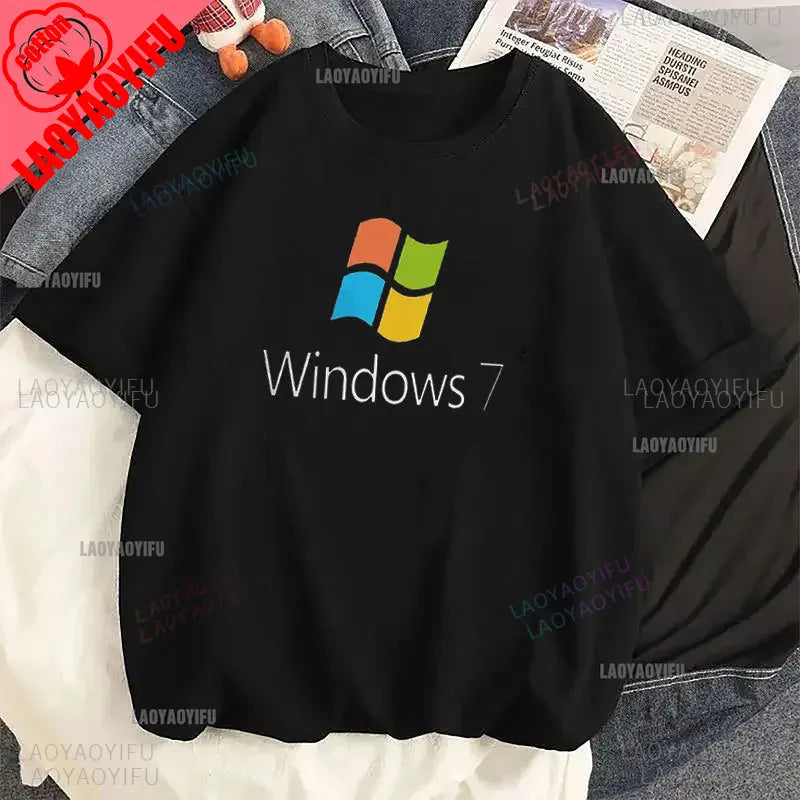 Windows 95 Small T-Shirt Summer Cotton Blouse Men 7 T Shirt Windows Casual Stylish Street Short Sleeve Gothic Vintage Streetwear