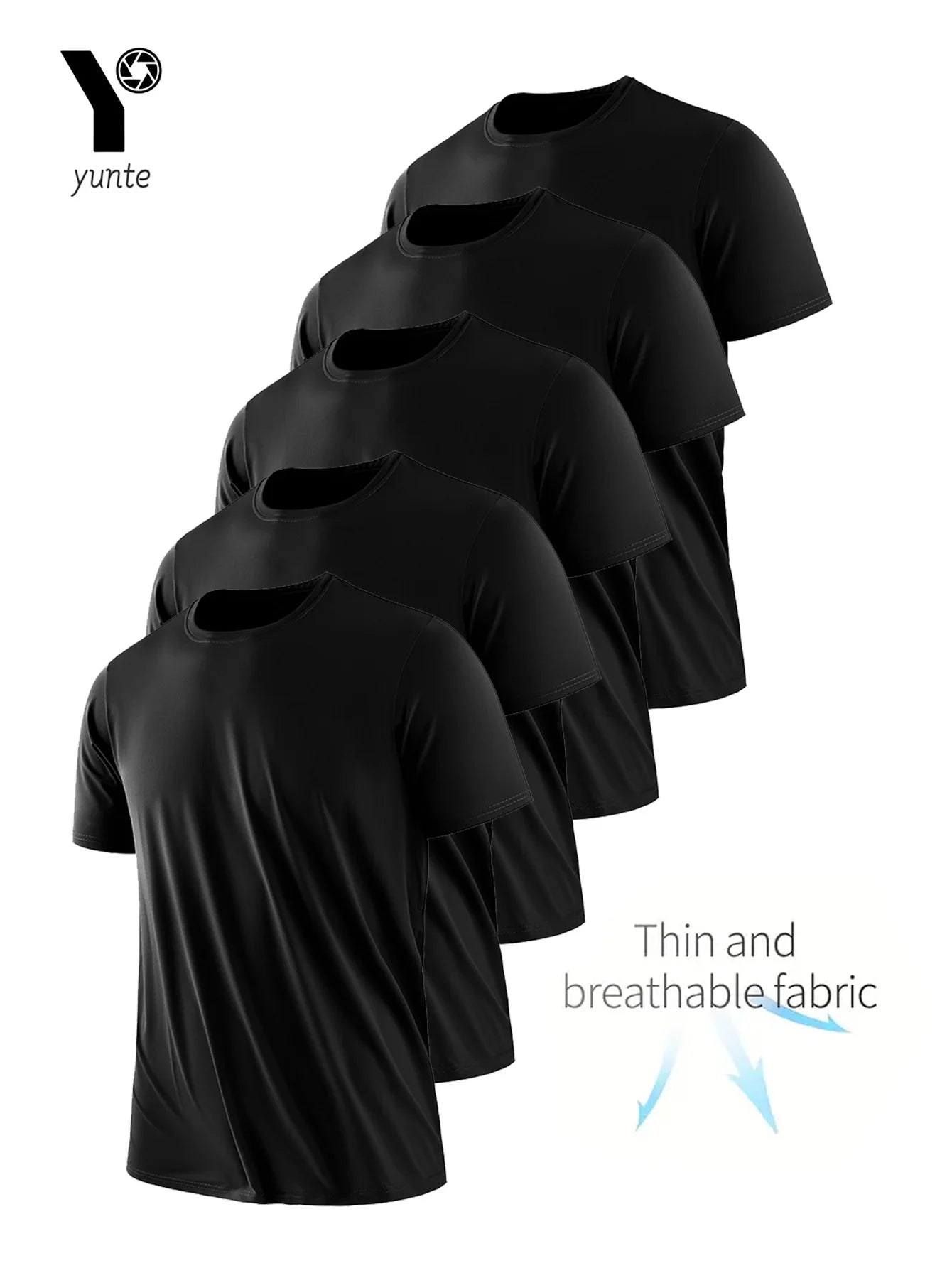 T-shirt z okrągłym dekoltem 5-częściowy czarny ultralekki męski szybkoschnący, oddychający, pochłaniający pot koszula odpowiednia do ćwiczeń na siłowni i Ru