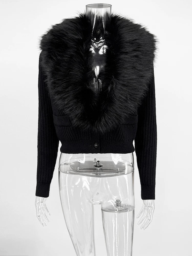 Trendix Black Knit Cardigan For Women Winter Detachable Faux Fur Collar Short Tops Street Slim Party Elegant Outerwear Top Femme