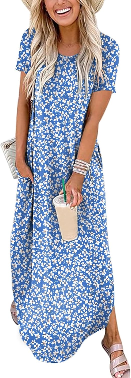 ANRABESS Womens Summer Maxi Dress Short Sleeve Casual Loose Long T Shirt Dresses Split Vacation Beach Sundress Travel Outfits