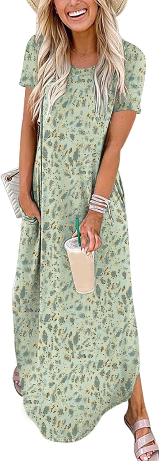 ANRABESS Womens Summer Maxi Dress Short Sleeve Casual Loose Long T Shirt Dresses Split Vacation Beach Sundress Travel Outfits