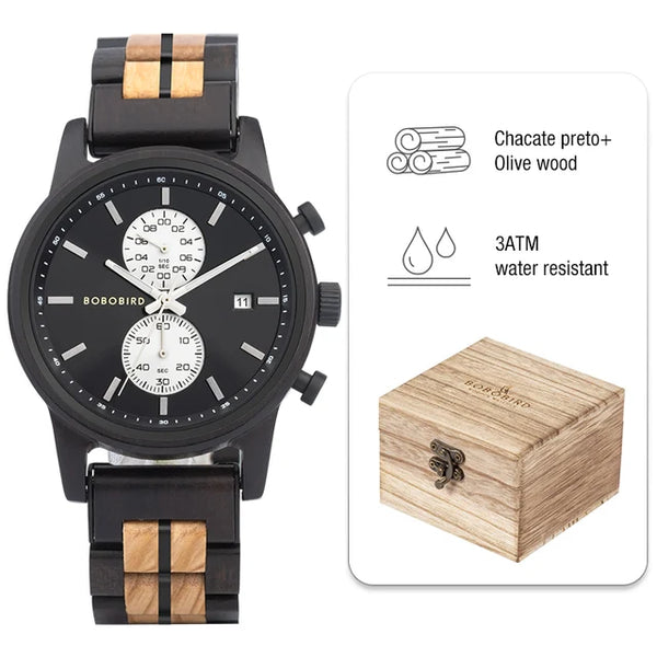 BOBO BIRD New Wooden Men Watch 44mm Luxury Business Quartz Chronograph Watches with Date Display Custom Man Gift montre homme