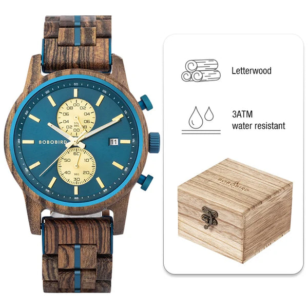 BOBO BIRD New Wooden Men Watch 44mm Luxury Business Quartz Chronograph Watches with Date Display Custom Man Gift montre homme