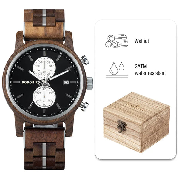 BOBO BIRD New Wooden Men Watch 44mm Luxury Business Quartz Chronograph Watches with Date Display Custom Man Gift montre homme