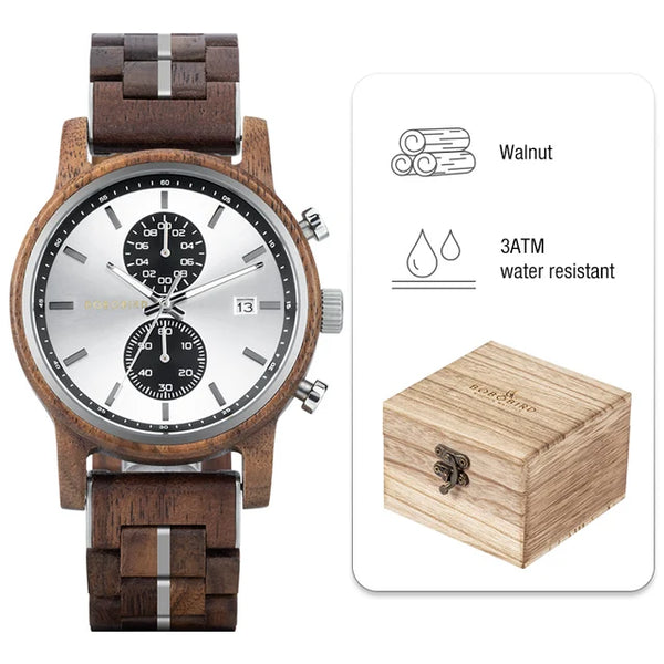 BOBO BIRD New Wooden Men Watch 44mm Luxury Business Quartz Chronograph Watches with Date Display Custom Man Gift montre homme