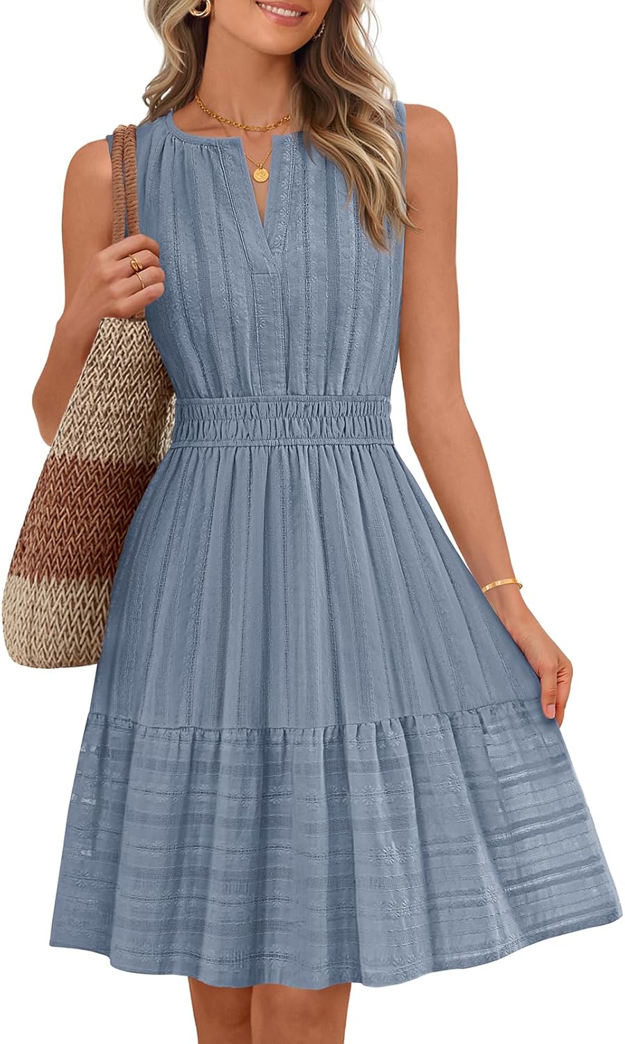 MEROKEETY Women's 2026 Summer Casual Mini Sundress Beach Vacation Sleeveless V Neck Flowy A Line Dress with Pockets