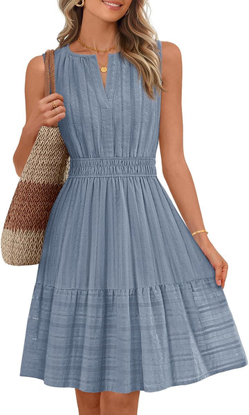 MEROKEETY Women's 2026 Summer Casual Mini Sundress Beach Vacation Sleeveless V Neck Flowy A Line Dress with Pockets