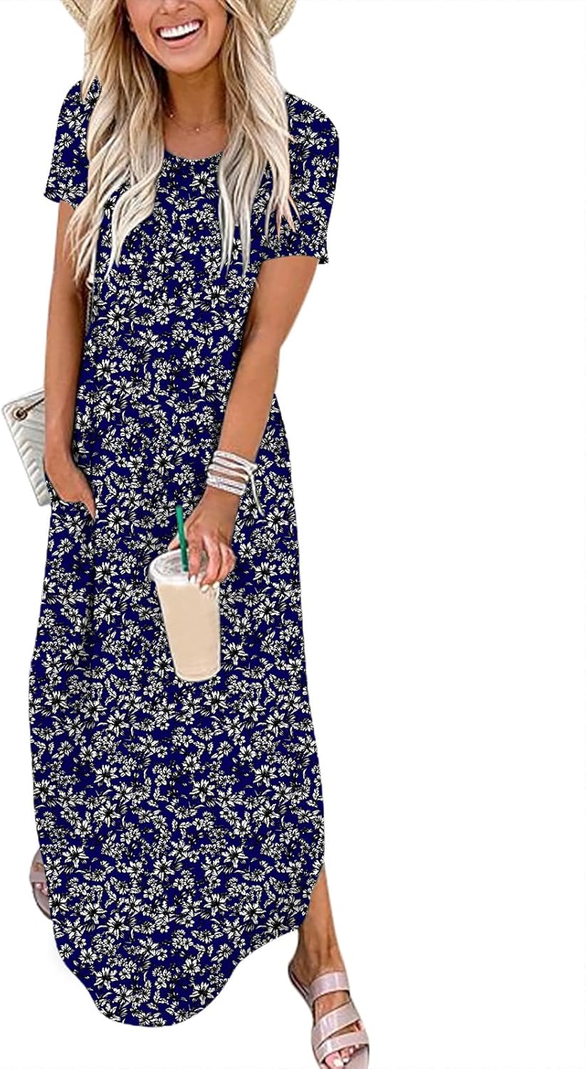ANRABESS Womens Summer Maxi Dress Short Sleeve Casual Loose Long T Shirt Dresses Split Vacation Beach Sundress Travel Outfits