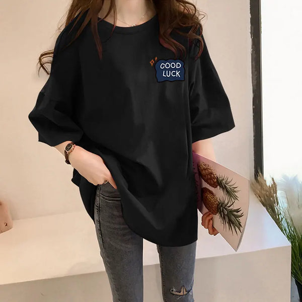 Loose Women's Mid-Length Half-Sleeve T-Shirt Student Sle Summer New Fashion Versatile Korean round Neck Print Casual Top
