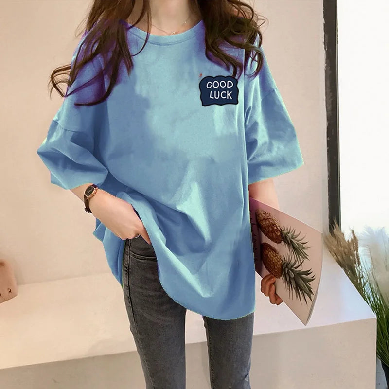 Loose Women's Mid-Length Half-Sleeve T-Shirt Student Sle Summer New Fashion Versatile Korean round Neck Print Casual Top