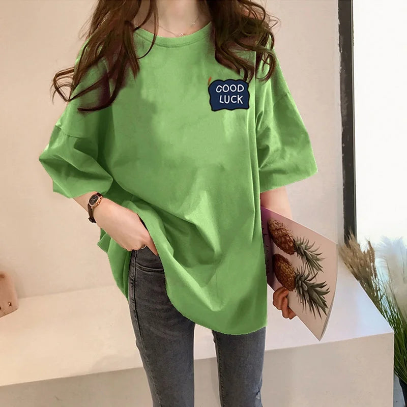 Loose Women's Mid-Length Half-Sleeve T-Shirt Student Sle Summer New Fashion Versatile Korean round Neck Print Casual Top