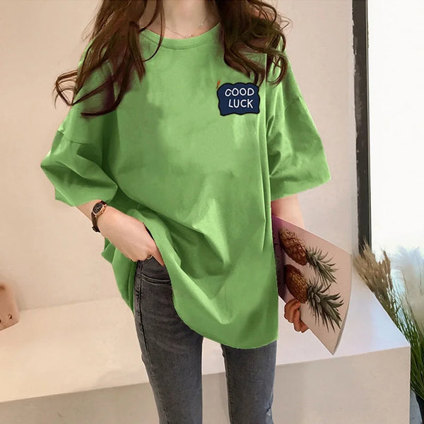 Loose Women's Mid-Length Half-Sleeve T-Shirt Student Sle Summer New Fashion Versatile Korean round Neck Print Casual Top