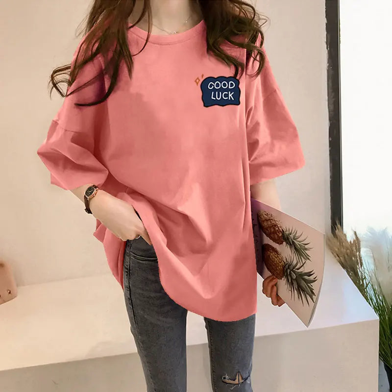 Loose Women's Mid-Length Half-Sleeve T-Shirt Student Sle Summer New Fashion Versatile Korean round Neck Print Casual Top