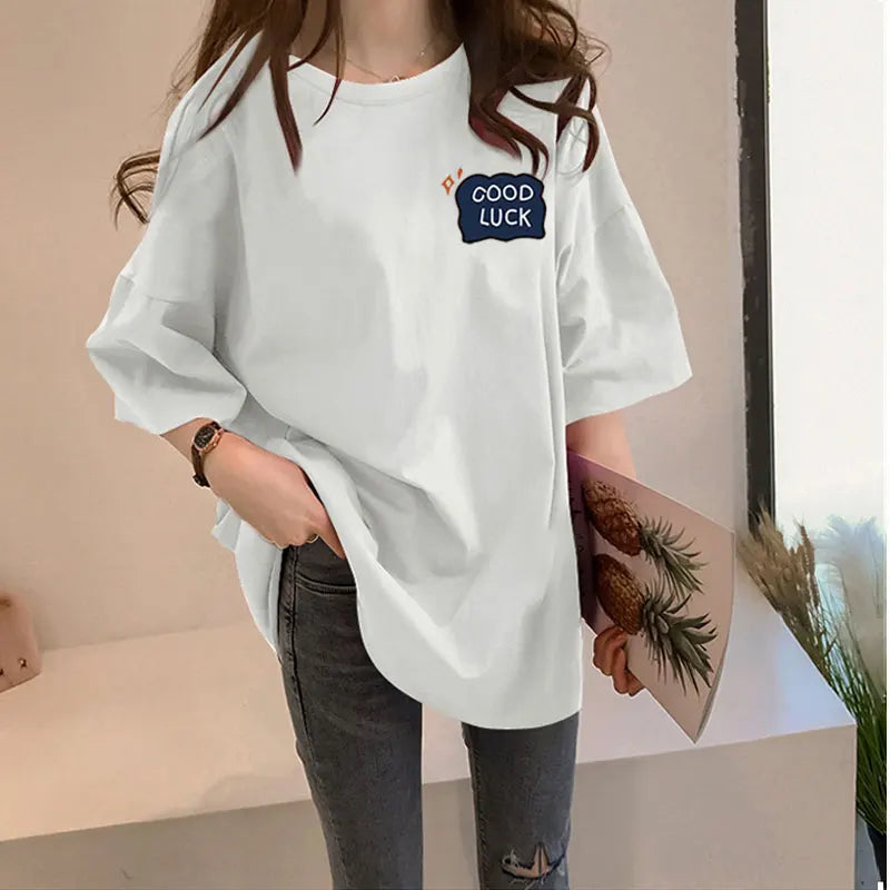 Loose Women's Mid-Length Half-Sleeve T-Shirt Student Sle Summer New Fashion Versatile Korean round Neck Print Casual Top