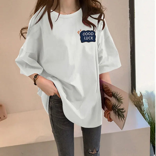 Loose Women's Mid-Length Half-Sleeve T-Shirt Student Sle Summer New Fashion Versatile Korean round Neck Print Casual Top