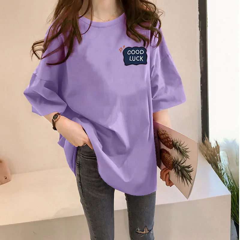 Loose Women's Mid-Length Half-Sleeve T-Shirt Student Sle Summer New Fashion Versatile Korean round Neck Print Casual Top