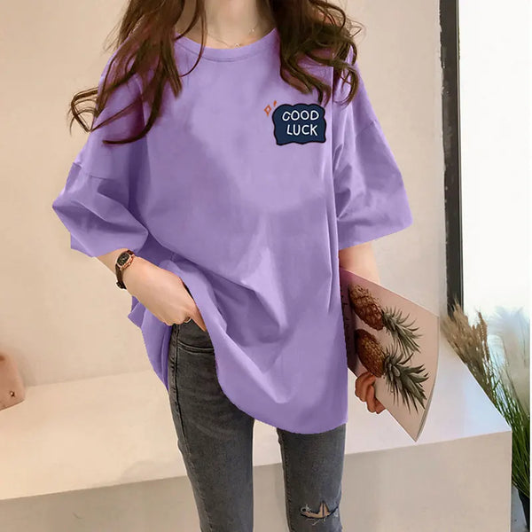 Loose Women's Mid-Length Half-Sleeve T-Shirt Student Sle Summer New Fashion Versatile Korean round Neck Print Casual Top