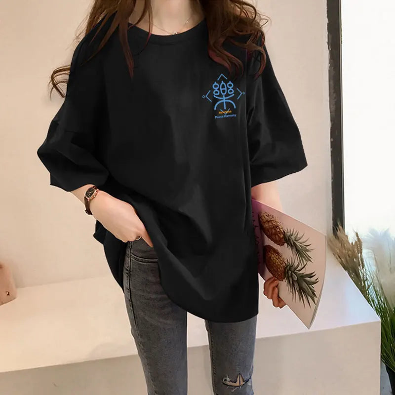 Loose Women's Mid-Length Half-Sleeve T-Shirt Student Sle Summer New Fashion Versatile Korean round Neck Print Casual Top