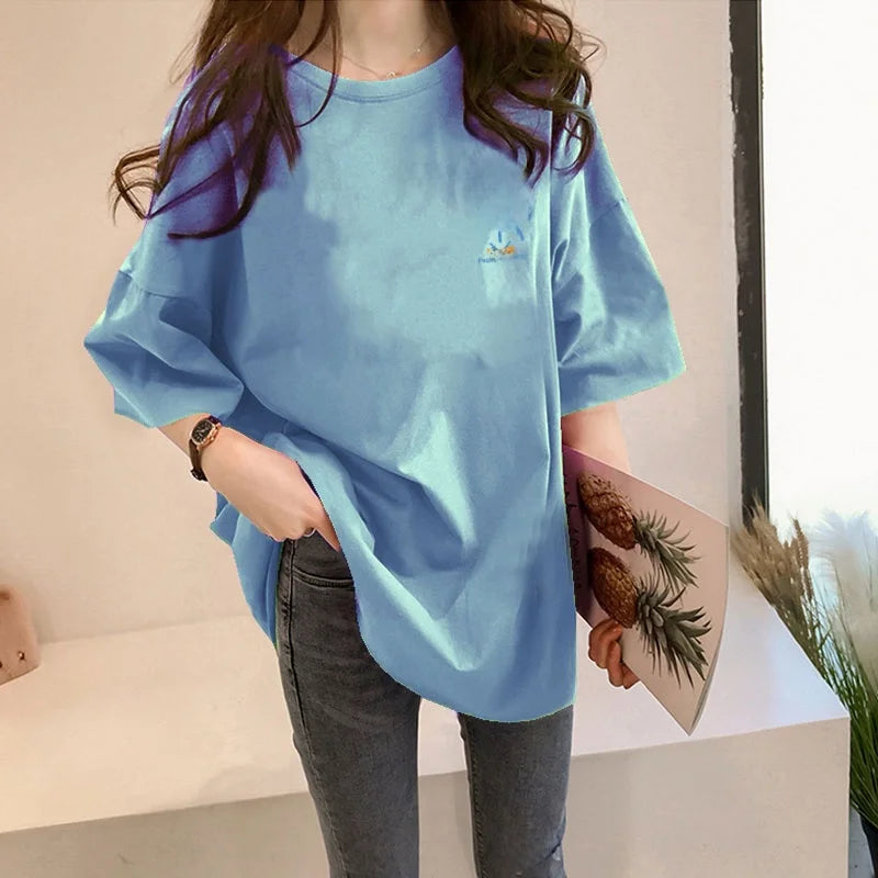 Loose Women's Mid-Length Half-Sleeve T-Shirt Student Sle Summer New Fashion Versatile Korean round Neck Print Casual Top