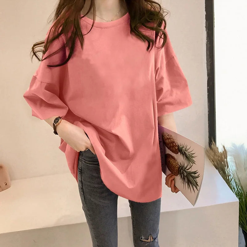 Loose Women's Mid-Length Half-Sleeve T-Shirt Student Sle Summer New Fashion Versatile Korean round Neck Print Casual Top