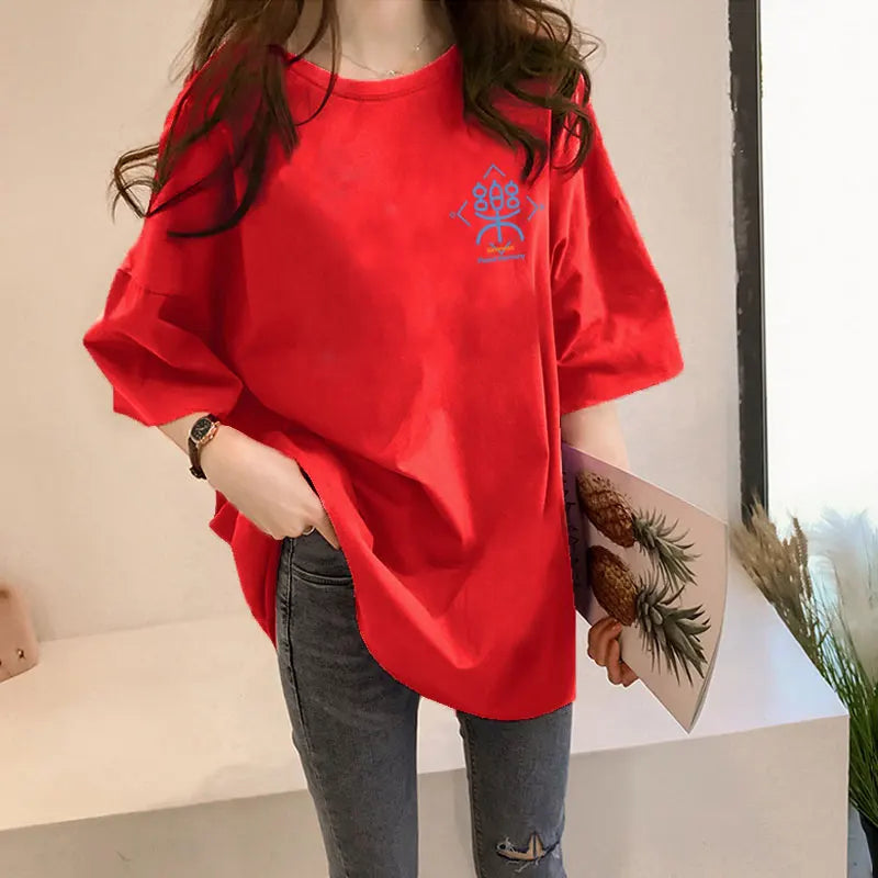 Loose Women's Mid-Length Half-Sleeve T-Shirt Student Sle Summer New Fashion Versatile Korean round Neck Print Casual Top