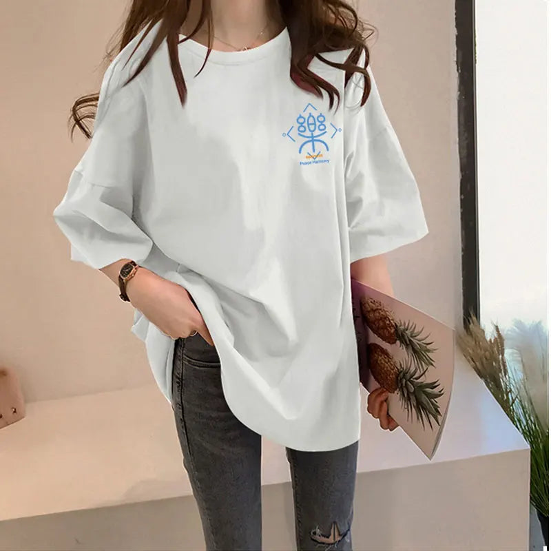 Loose Women's Mid-Length Half-Sleeve T-Shirt Student Sle Summer New Fashion Versatile Korean round Neck Print Casual Top