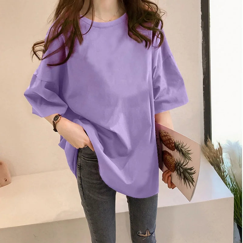 Loose Women's Mid-Length Half-Sleeve T-Shirt Student Sle Summer New Fashion Versatile Korean round Neck Print Casual Top