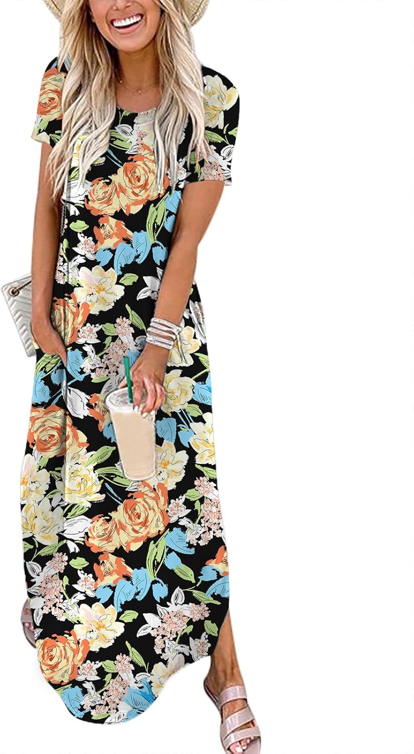 ANRABESS Womens Summer Maxi Dress Short Sleeve Casual Loose Long T Shirt Dresses Split Vacation Beach Sundress Travel Outfits