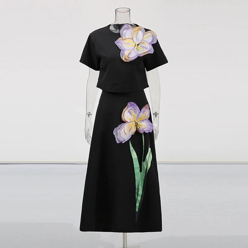 TWOTWINSTYLE Solid Two Piece Set for Women Round Neck Short Sleeves Split Top High Waist Skirt Elegant Sets Female Clothing