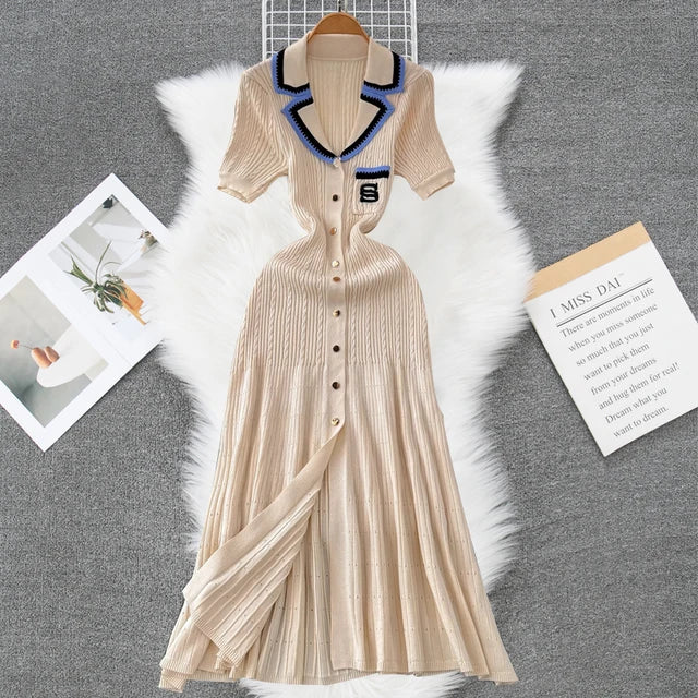 YuooMuoo 2024 New Arrival Women Knitted Maxi Dress Elegant Notched Single-breasted A-line Sweater Dress Female Long Vestidos