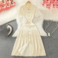 Laxsesu Summer 2024 New Women's Green Single Breasted Knitted Long Dress Elegant Office Lady Short Sleeve Pleated Dress Chic