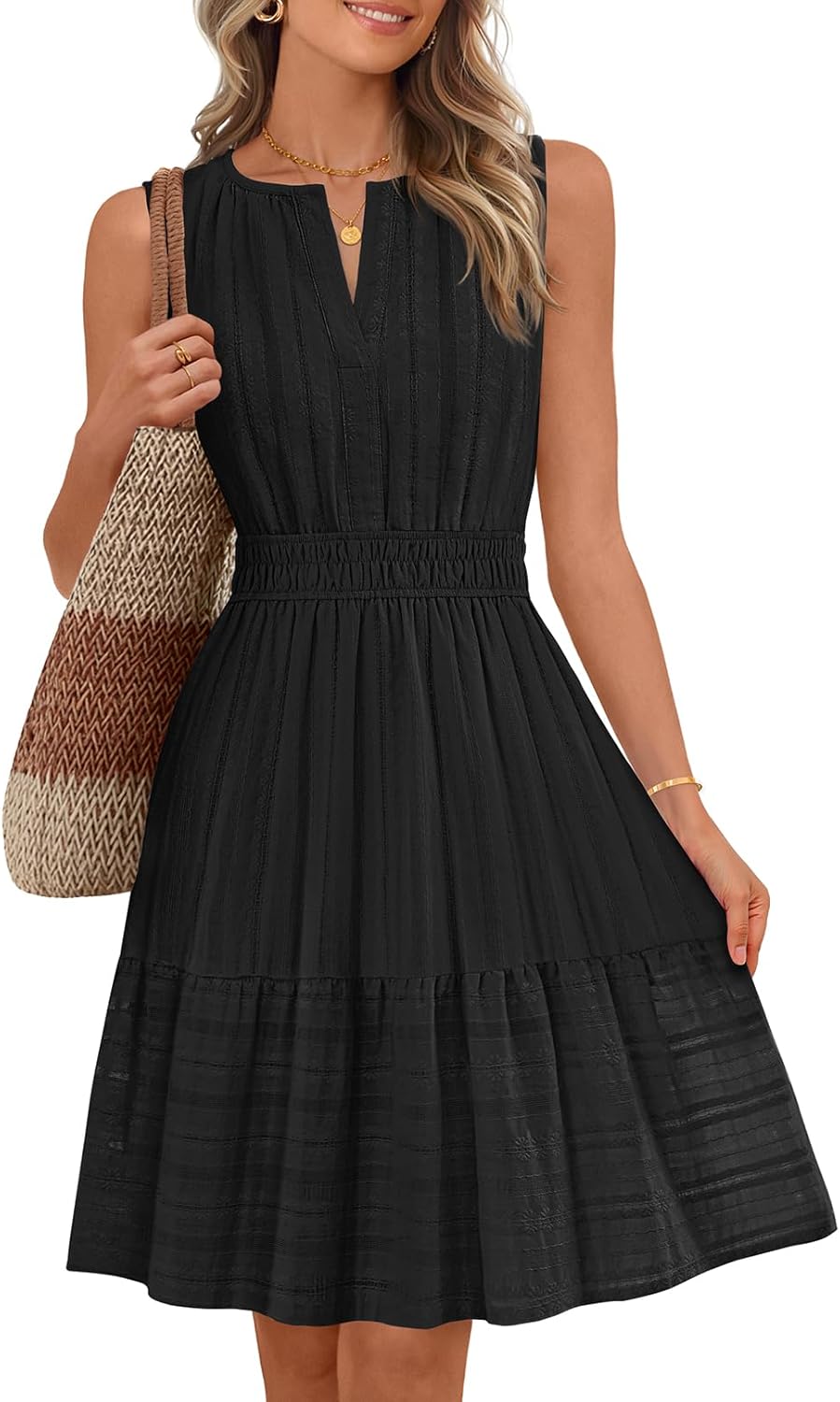 MEROKEETY Women's 2026 Summer Casual Mini Sundress Beach Vacation Sleeveless V Neck Flowy A Line Dress with Pockets