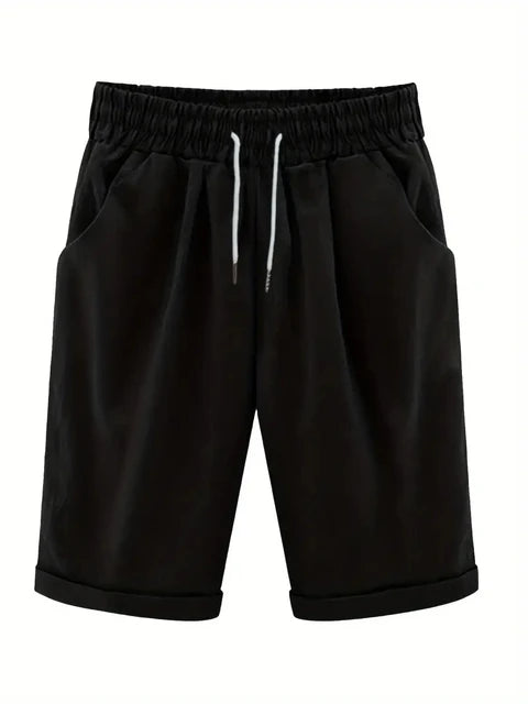 Plus Size High Rise Drawstring Shorts, Women's Plus SlightStretch Solid Casual Shorts With Pocket