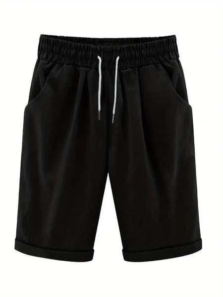 Plus Size High Rise Drawstring Shorts, Women's Plus SlightStretch Solid Casual Shorts With Pocket