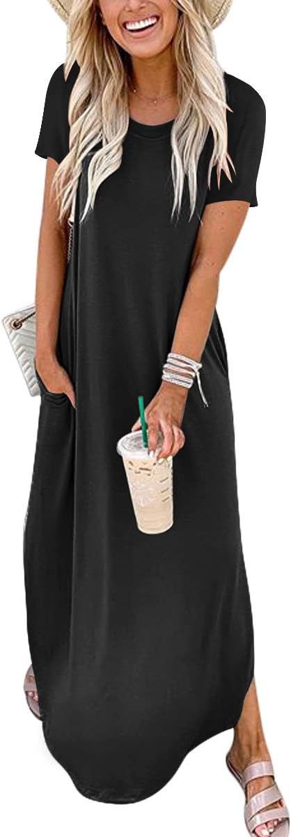 ANRABESS Womens Summer Maxi Dress Short Sleeve Casual Loose Long T Shirt Dresses Split Vacation Beach Sundress Travel Outfits